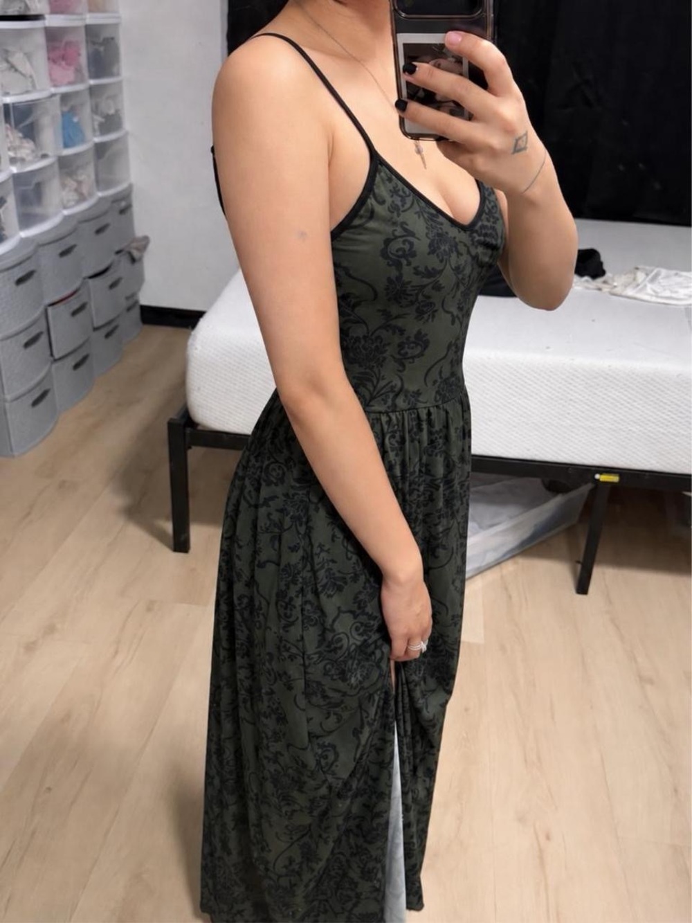 Olive Green Black Damask Goth Maxi Dress Size S
